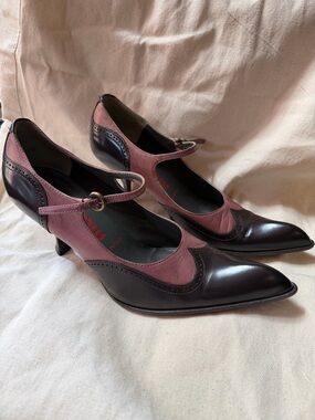Miu Miu Two-Tone Pointed Mary Jane Heels in Plum and Black